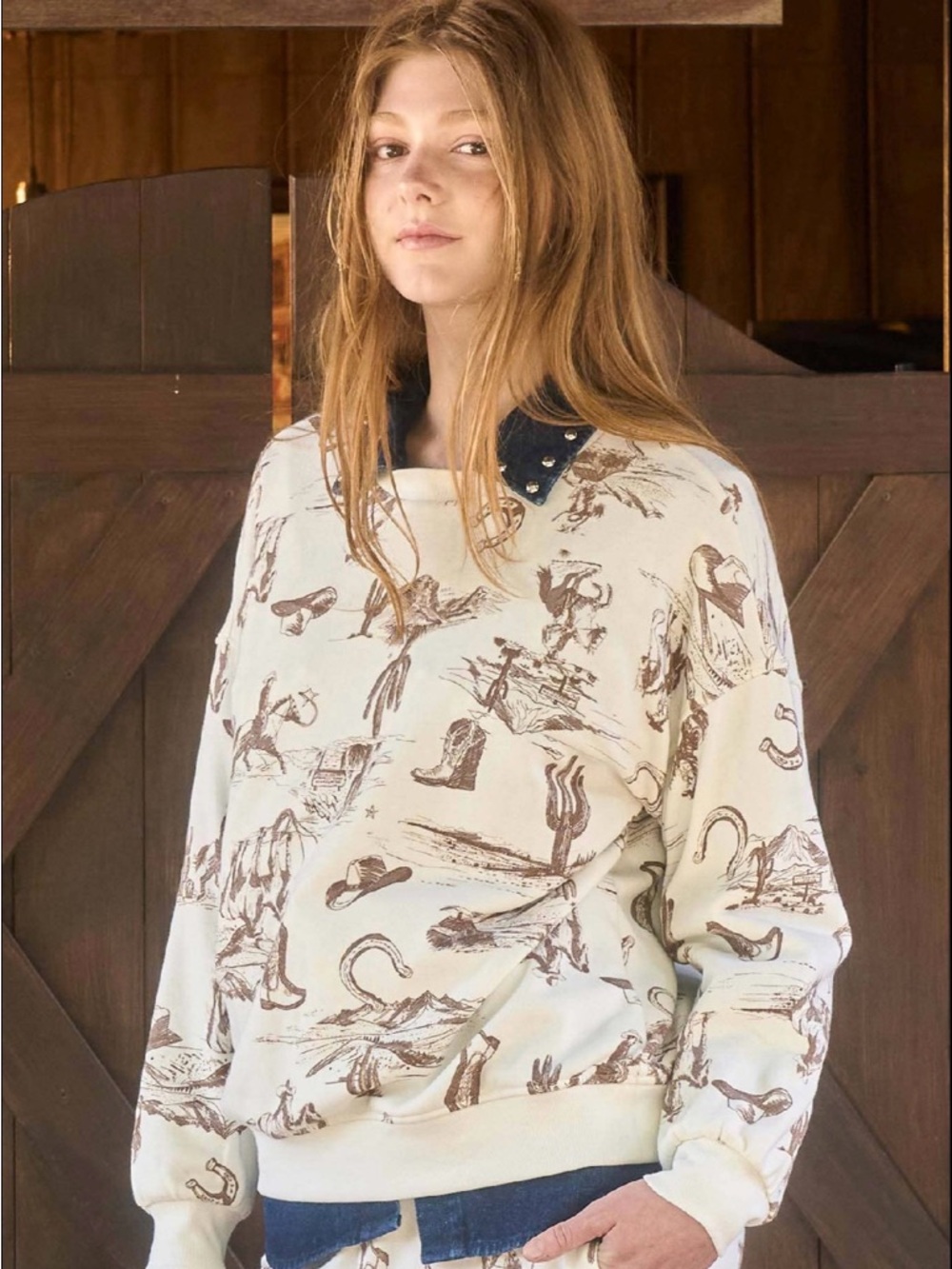 Cream Cowboy Print Pullover Sweatshirt